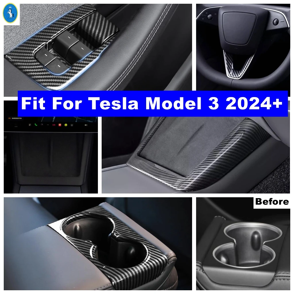 

Car Window Glass Lift / Steering Wheel Frame / Seat Water Cup Holder Cover Trim Fit For Tesla Model 3 2024 Interior Accessories