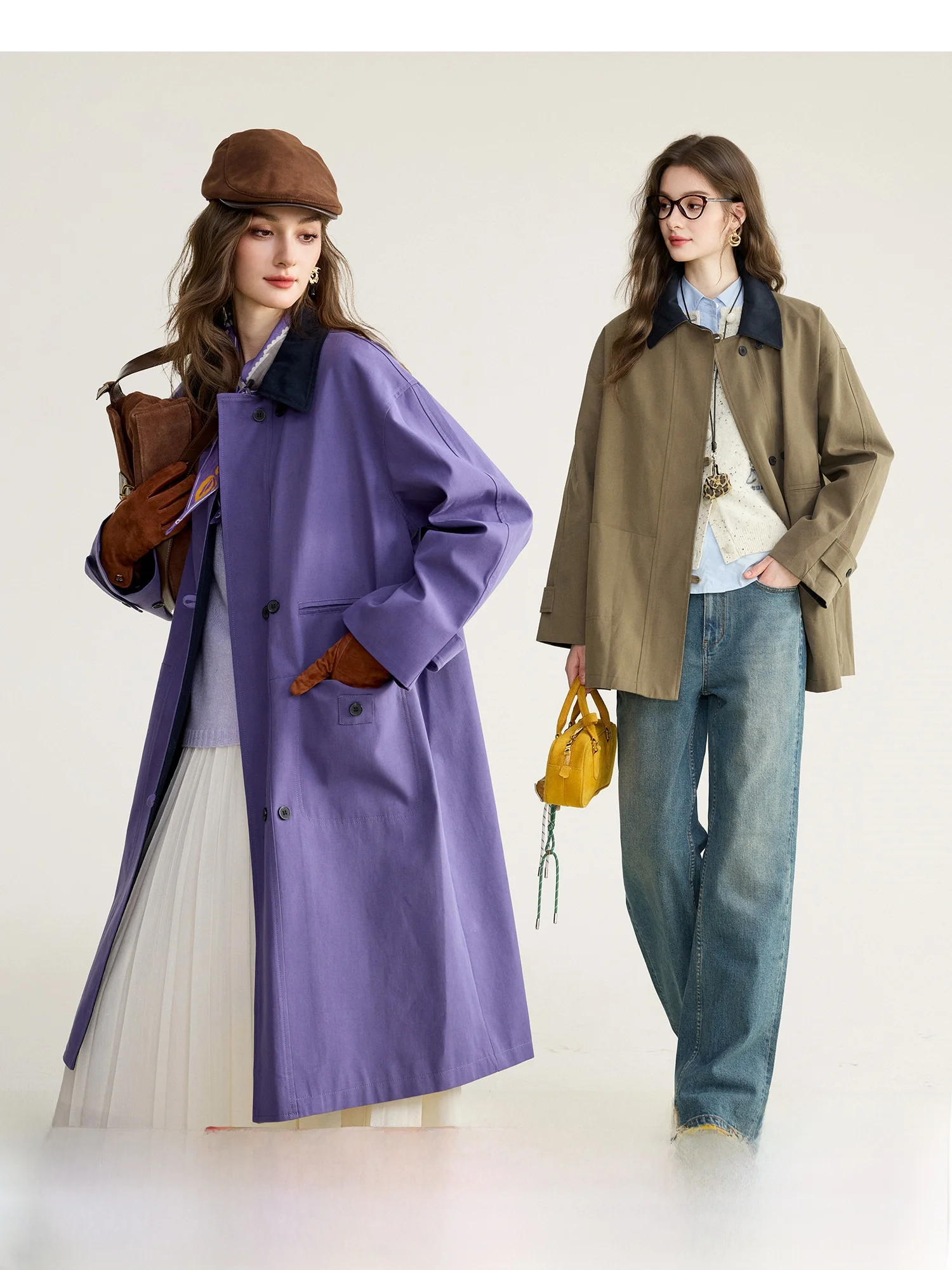 

Naguagu Autumn New Vintage Cotton-Lycra Patchwork Color Blo Coat Loose Fit Medium Length Long Sve Women's Windbreaker