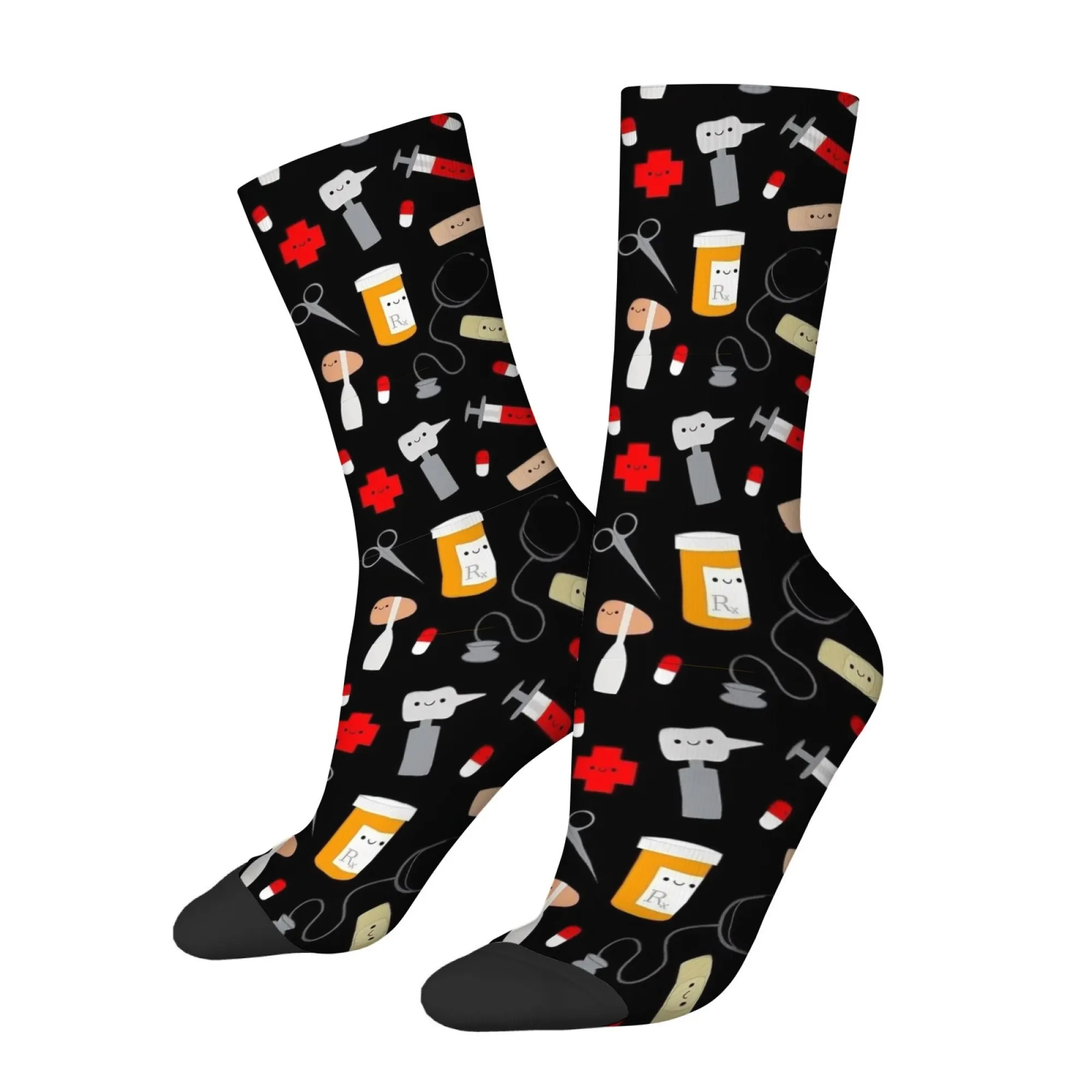 Cute Cartoon Print Men's Mid-calf Socks with Medical Pill Prints Skin-friendly Comfortable Stylish Gift for Healthcare Workers
