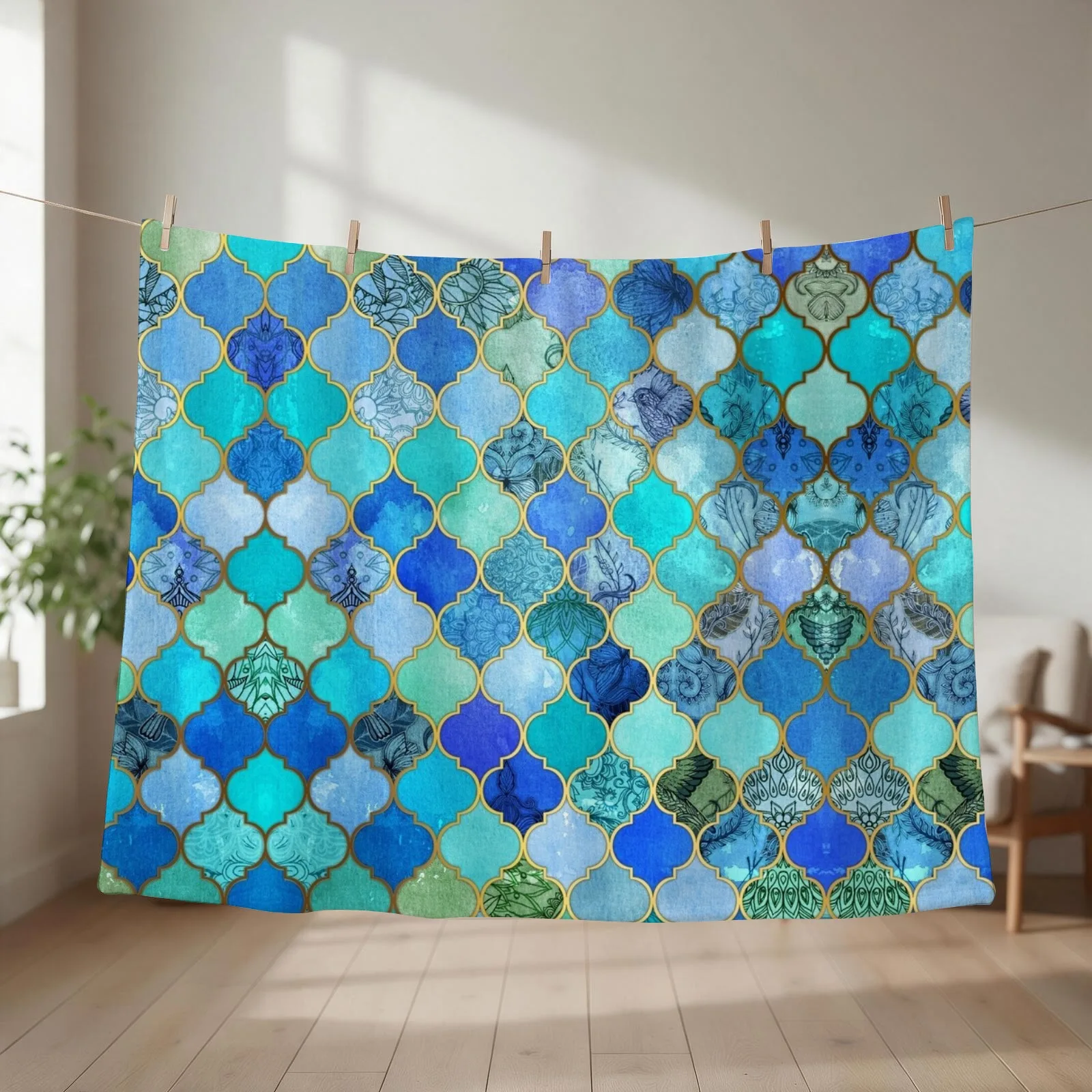 Cobalt Blue, Aqua & Gold Decorative Moroccan Tile Pattern Throw Blanket couch cozy soft plush fuzzy picnic outdoor blanket