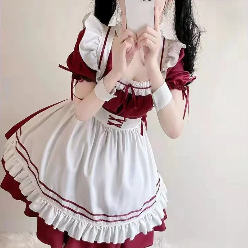 Red White Lolita Maid Costume Cosplay Costumes Cute Dress Sexy French Apron Uniform Cafe Maid Party Skirt Women's Clothing