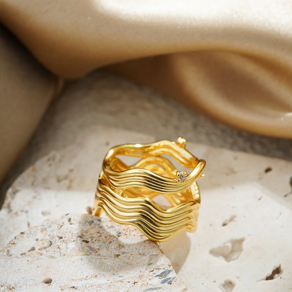 Bague ouverte filetée double couche en acier inoxydable, Vintage, adaptée au luxueux design à vagues ouvertes pour femmes