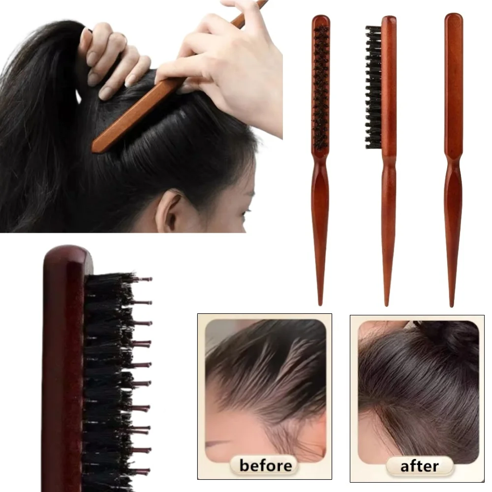 3pcs Bristle Teasing Hair Brush Wooden Handle Barber Salon Brushes Anti-static Rat Tail Combs For Hair Edge Control Styling Comb