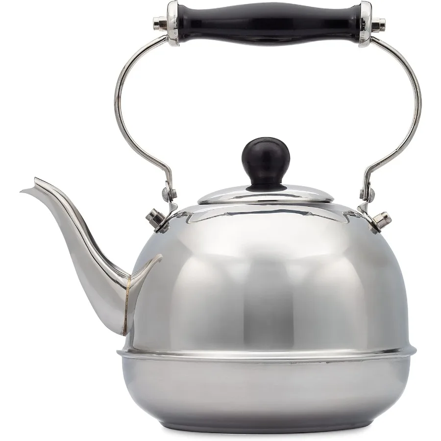 

2 Qt. Stainless Steel Smooth Teakettle with Wood Handle in Shiny Silver and Black Finish Ideal for Home Kitchen Use Efficient H