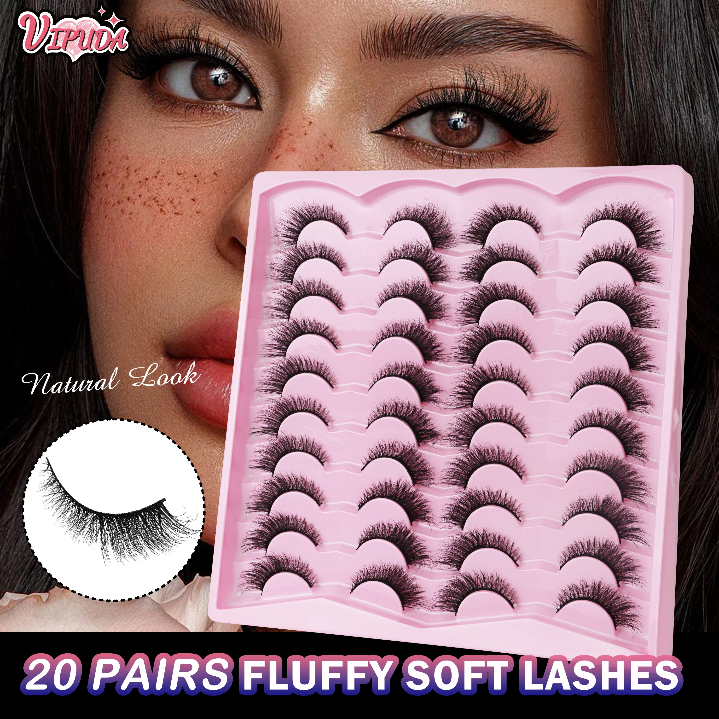 Vipuda 20Pairs Natural False Eyelashes Cat Eye Lashes Fluffy Fake eyelashes Soft Full Thick Wispy Eyelash Dramatic Makeup Lash