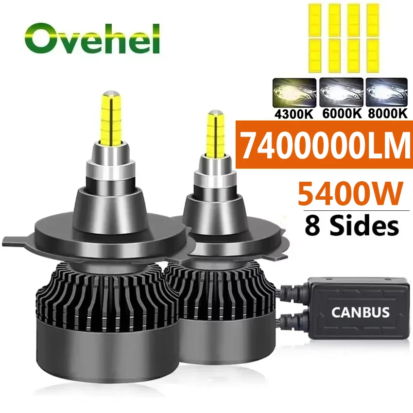 OVEHEL H4 H11 LED 360 7400000LM 5400W Canbus 9012 H7 H1 H3 H8 D1S D2S HB3 9005 HB4 9006 Led Reflektor Samochodowy 6000K Lampa Przeciwmgielna 12V