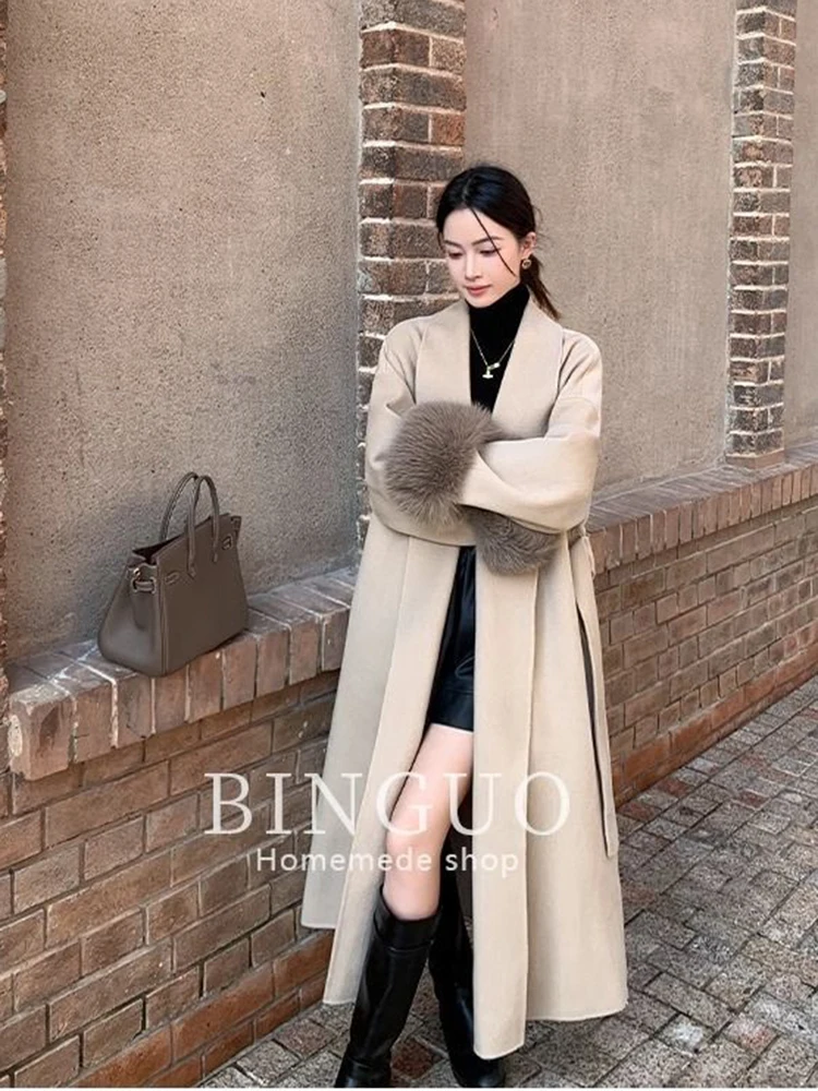 2025 Spring Warm Fur Long Coat With Belt Women Elegant Wool Blend Trench Coat Winter Clothes Fashion Outerwear Trench Coat