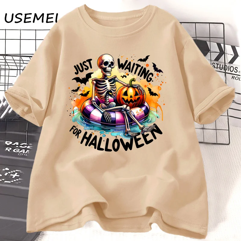 Just Waiting for Halloween T-shirts Funny Halloween Spooky Fall Skeleton T Shirt Cotton Short Sleeve Women's Clothing