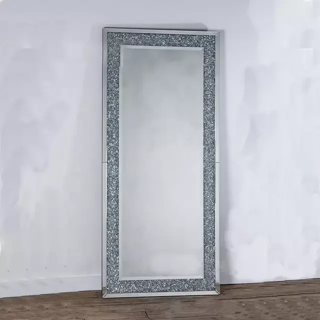 Simple silver rhinestone decorative mirror, floor-to-ceiling full-body mirror