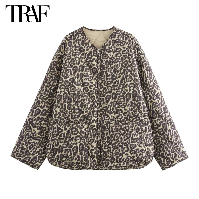 TRAF Leopard Print Jackets for Women Padded Quilted Jacket Women Long Sleeve Women\'s Jacket New in Coats and Jackets Woman 2024