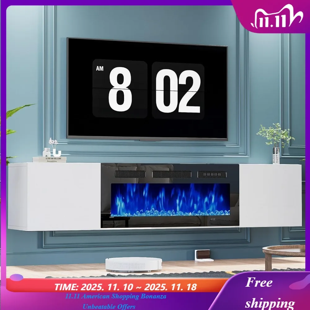 حامل تلفزيون عائم مقاس 70 بوصة مع مدفأة كهربائية مقاس 36 بوصة، مثبت على الحائط لمركز الترفيه، وحدة تحكم تلفزيون الوسائط الخشبية الحديثة مع مدفأة #1