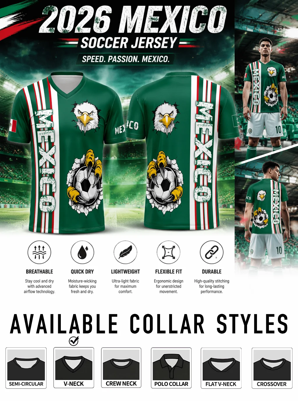 Premium Mexico national‑team sports jersey, tough stitching and six optional collar‑styles
