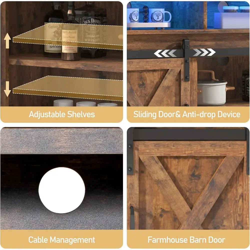 خزانة بوفيه خشبية ريفية مع مخرج طاقة، وخزانة جانبية لتخزين غرفة الطعام باللون البني