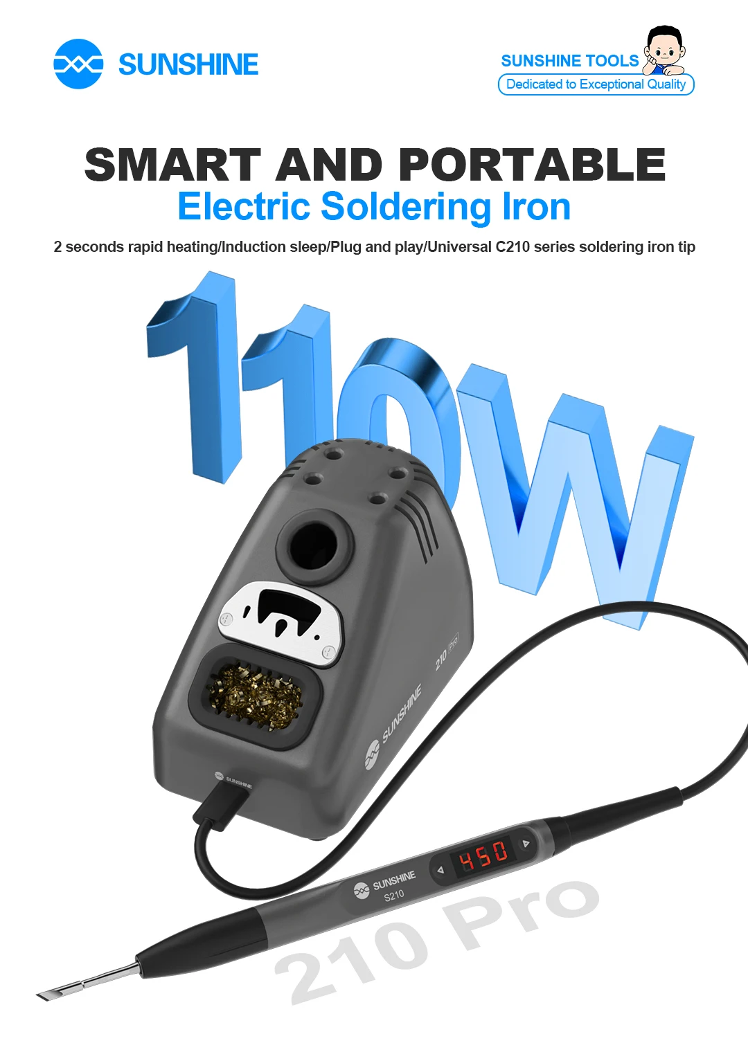 SUNSHINE 210 Pro Smart Portable Soldering Iron LED LCD Display 100-450℃ Free Temperature Control for Mobile Phone PCB Repair ﻿