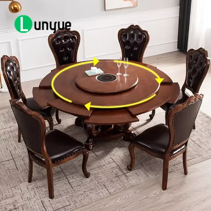 Luxury Solid Wood Dining Table Set 6 Retractable Rotatable Multifunctional Extendable Kitchen Furniture for Modern Home