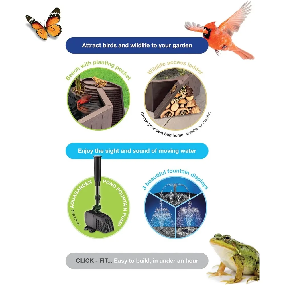 No Dig Nature Pool, Complete Water Feature Kit, Includes Pond Structure, Liner, Fountain Pump, Nature Ladder, Planting Pocket