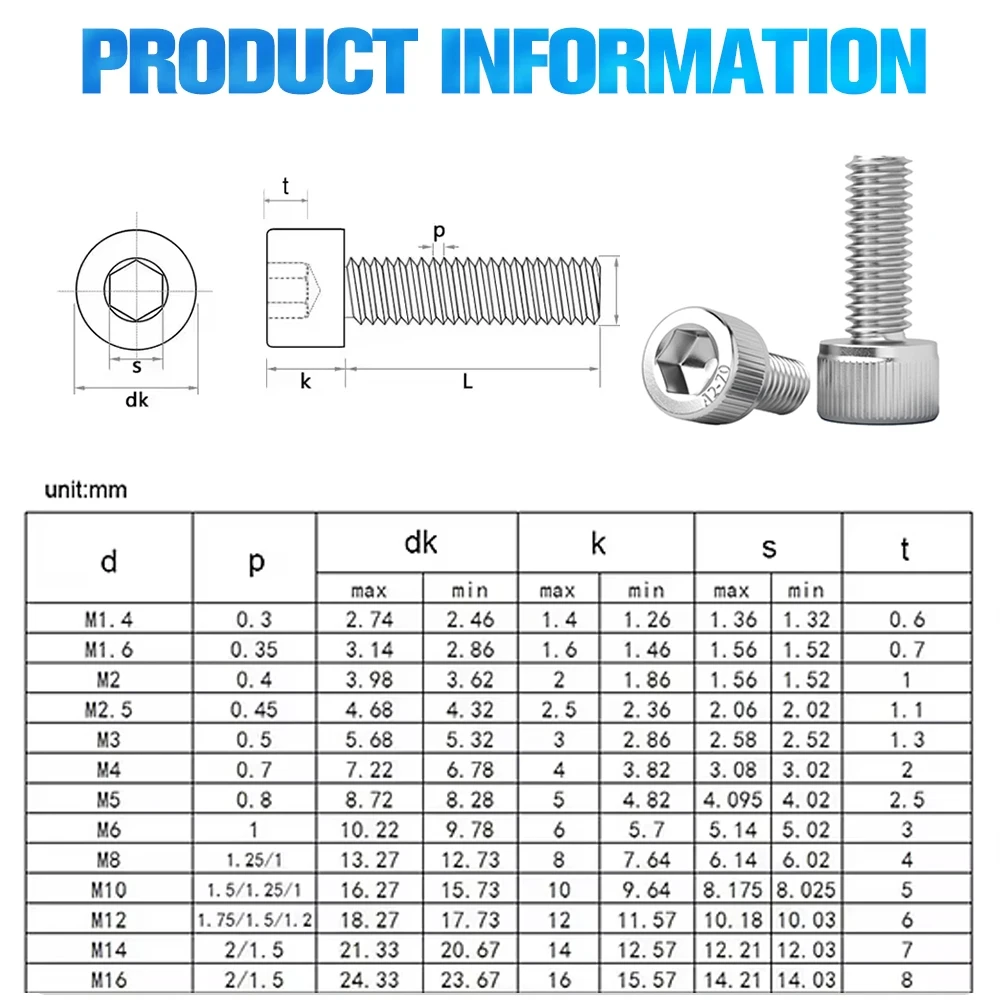 5-55pcs 304 Round Stainless Steel ISO7380 Allen Bolt DIN912 Hexagon Hex Socket Head Cap Screw M2 M2.5 M3 M4 M5 M6 M8 L=4-55mm