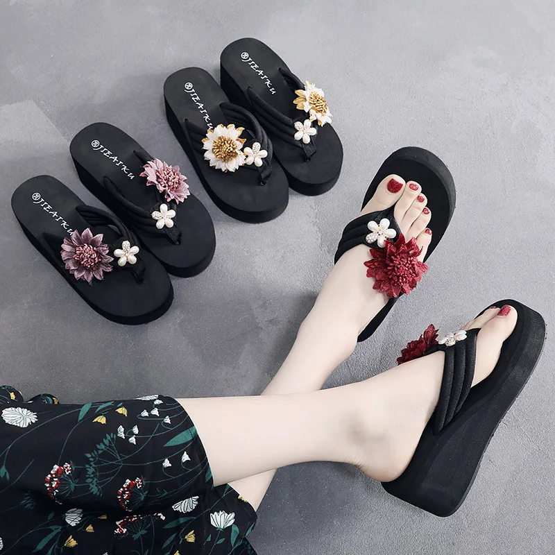 Flower Shoes Woman's Slippers Shale Female Beach Slides Rubber Flip Flops Low 2023 Sabot Hawaiian Flat Summer Rome PU Fabric Hoo