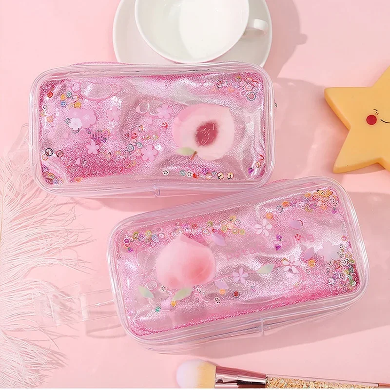 1 pz Kawaii Quicksand Peach Pencil Case borsa ad alta capacità custodia Glitter trasparente per ragazze Pen Box