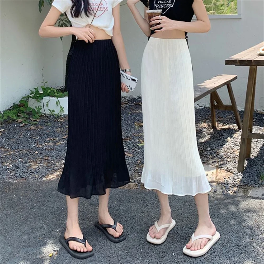 

Женские шифоновые элегантные черные юбки трапециевидной формы средней длины с эластичной резинкой на талии, летняя новая однотонная весенняя юбка на бедрах с рыбьим хвостом JJ865