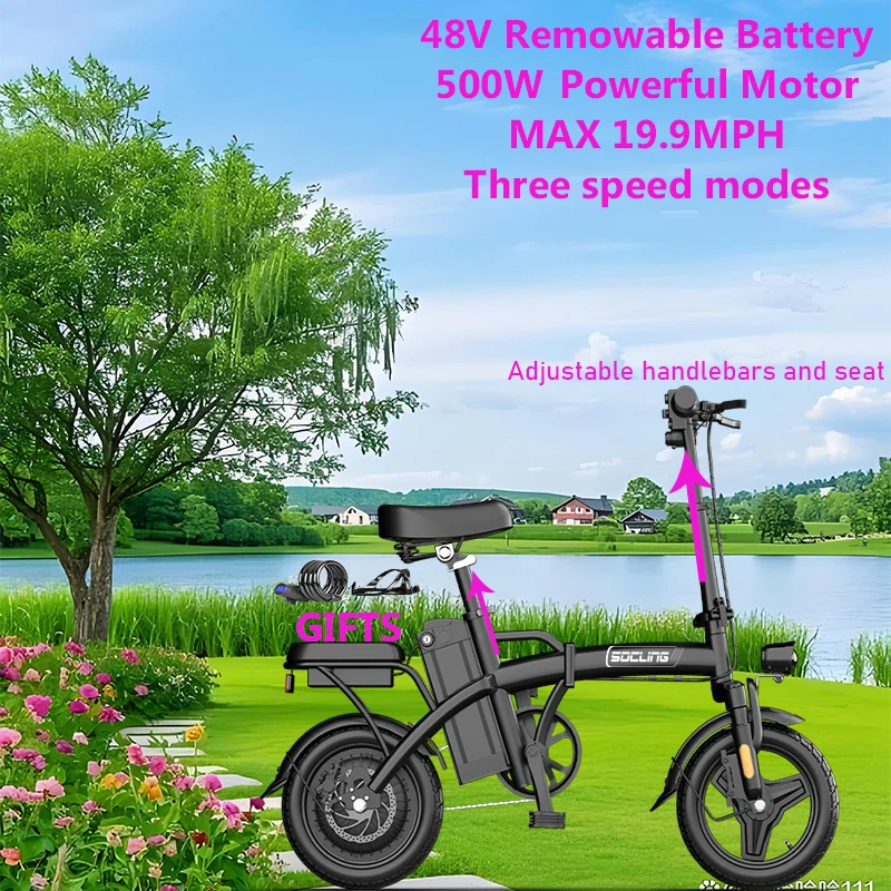G11-14'' Foldable Commuter Ebike 500W Motor,48V Removable Battery Max 19.9MPH Disc Brake with 4 Shock Absorption Mini Electric Bicycle for Adults,College Students, Commuters & Urban Riding E-Bike