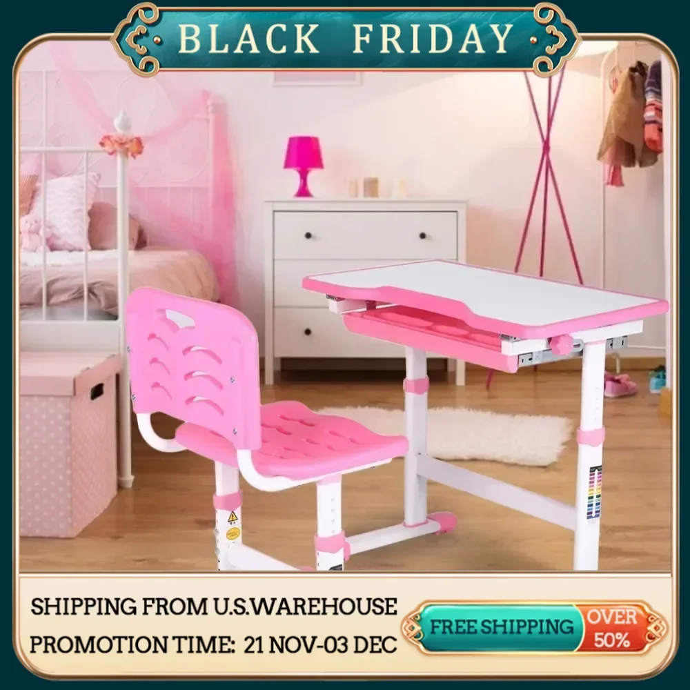 Table Set, Adjustable Pull Out Drawer Kids Study Homework Desk Chair Children Activity Art Table Set(Pink), Table Set Kids