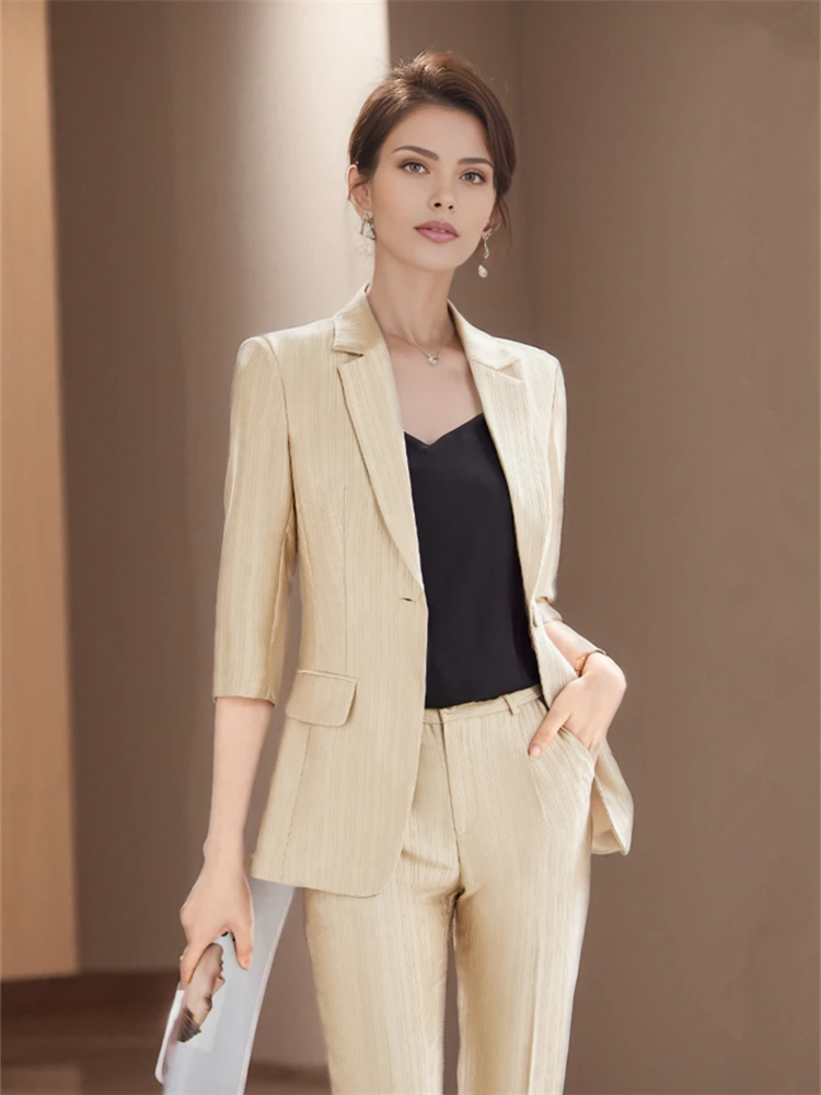 Pants Sets for Women Chic and Elegant Half Sleeve Blazer 2 Pieces Sets Outfits Trousers Suits  Blue Khaki Spring Summer New 2024