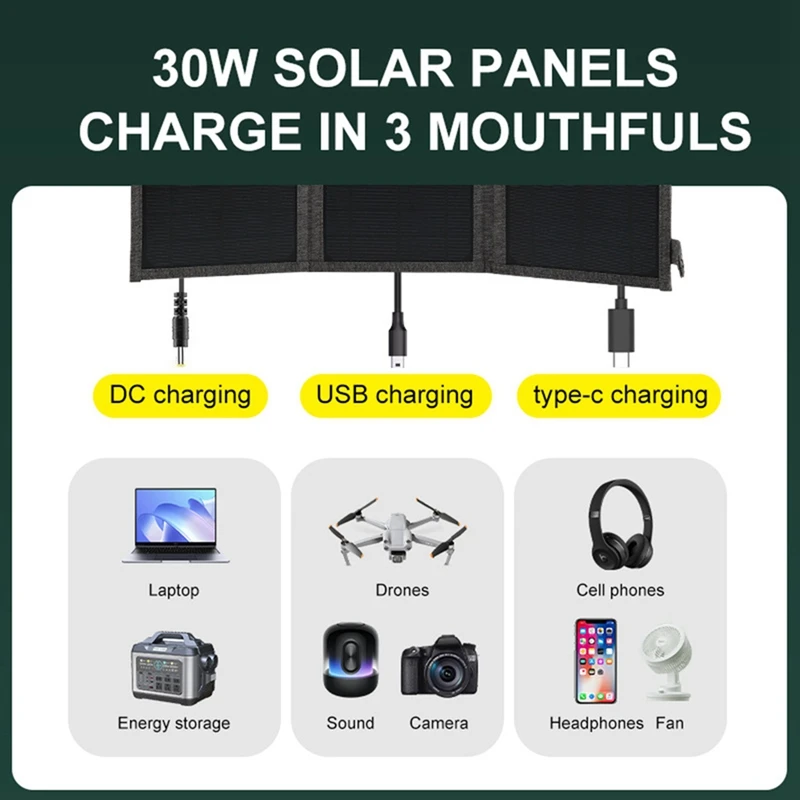 30W 18V Folding Solar Panel Type-C USB Photovoltaic Charger Outdoor Mobile Phone Fast Charging Mobile Power Bank Durable Khaki