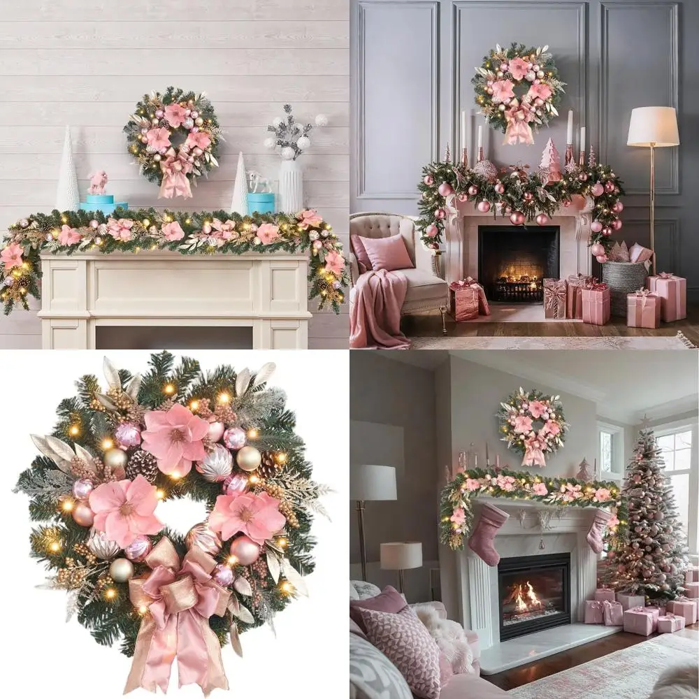 

Glamorous Pink 22 Magnolia Wreath with 25 LEDs and Timer for Christmas Front Door, Festive Winter Decor for Weddings