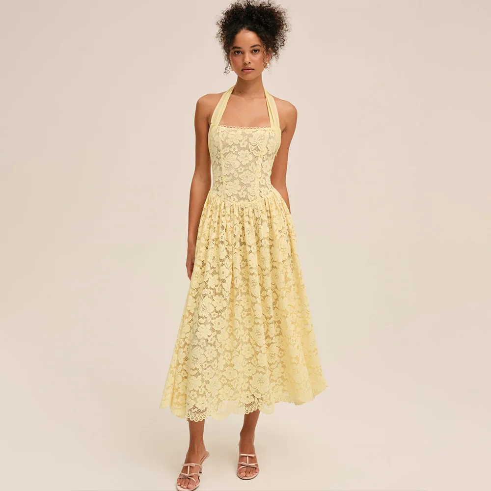 صيف 2025 جديد لون نقي دانتيل طويل Dr Ne معلق بال صخب الخصر في ارتفاع الخصر Cosite الدانتيل Svel Thi M...