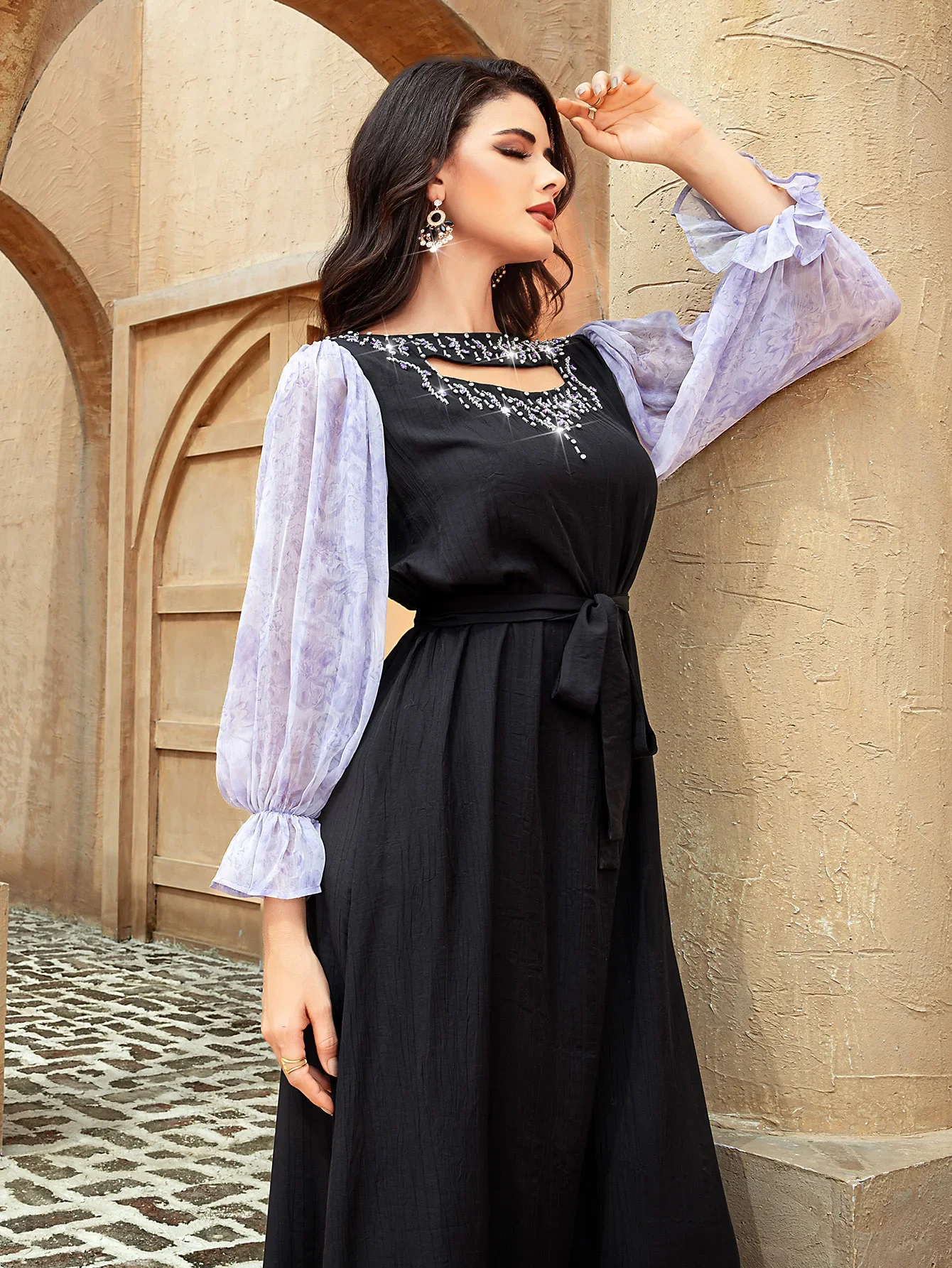

Elegant Dubai Abaya Diamonds Print Jalabiya Women Muslim Dress Turkey Kaftan Eid Djellaba Islam Clothing Morocco Caftan Vestidos