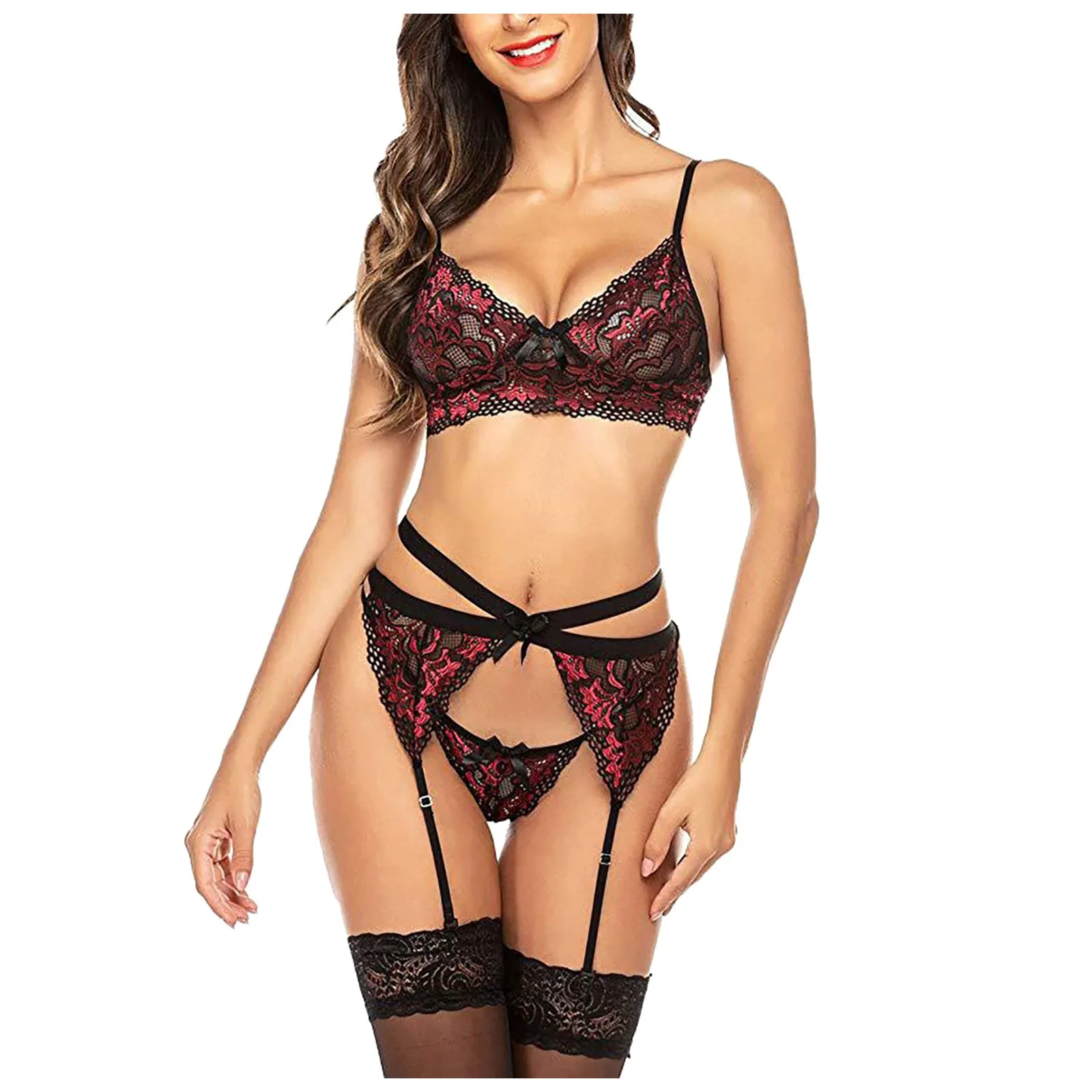 Women Exotic Sets Sexy Sheer Floral Lace Pajamas Lingerie Set High Waist Sleepwear Bra Panty With Stocking 4 Piece Nightwear