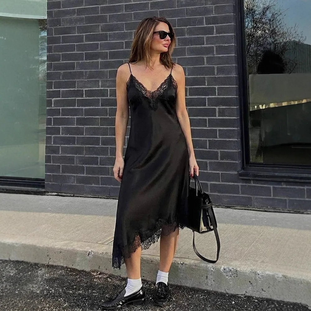 Women's Sexy Strap Dress Fall Fashion High Street Lace-Trimmed Satin Feel Sleeveless Skirt Solid Color Irregular Long Petticoat