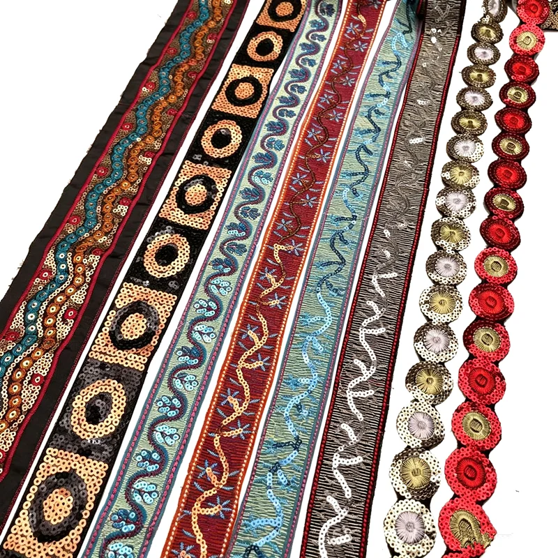 Sequin Embroidered Barcode Lace Trim, Ethnic Jacquard Webbing Belt for Costume Dress,Decorative Tape for DIY Sewing Supplies