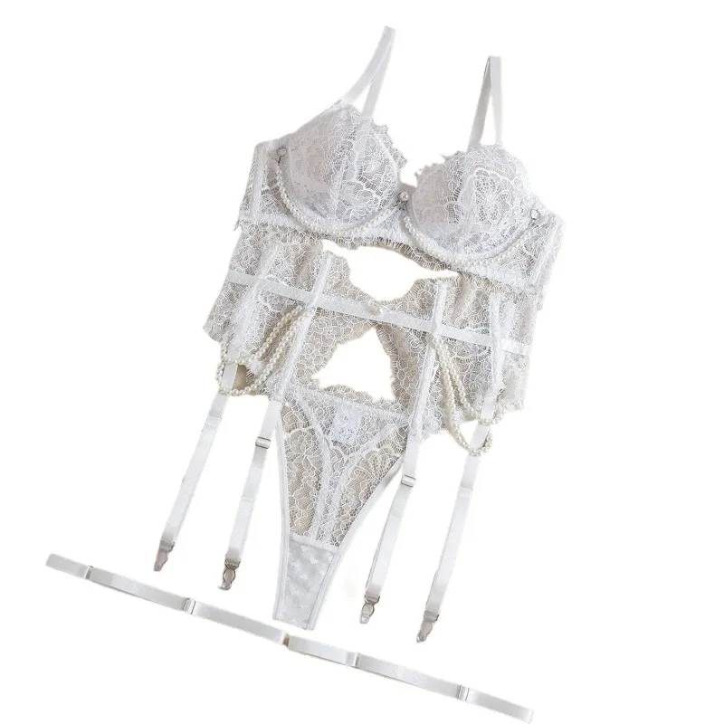 

French Elegant Pearl Decor Bra Belt Thong Hot Sexy Lingerie Sets for Women Erotic Costumes with Garter Belts Lace Underwear Suit
