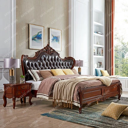 

Кожаная кровать из цельного дерева, светлая роскошная роскошная кожаная кровать с резьбой 1,8 метра в главной спальне