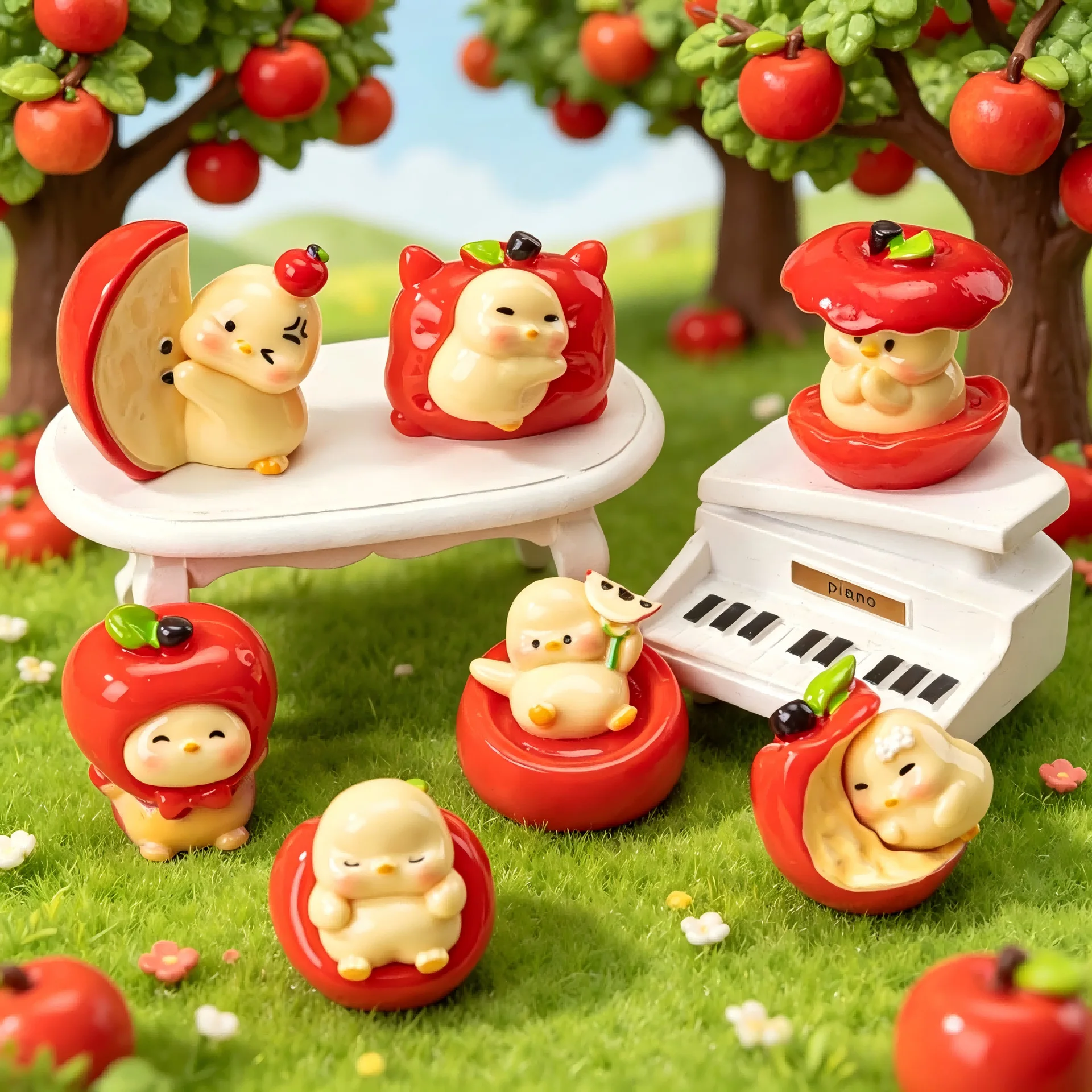 Apple Chicken Figures 7 Styles Fruit Theme Little Chick Resin Figurines Desktop Ornament Home Decor Collectible Toy