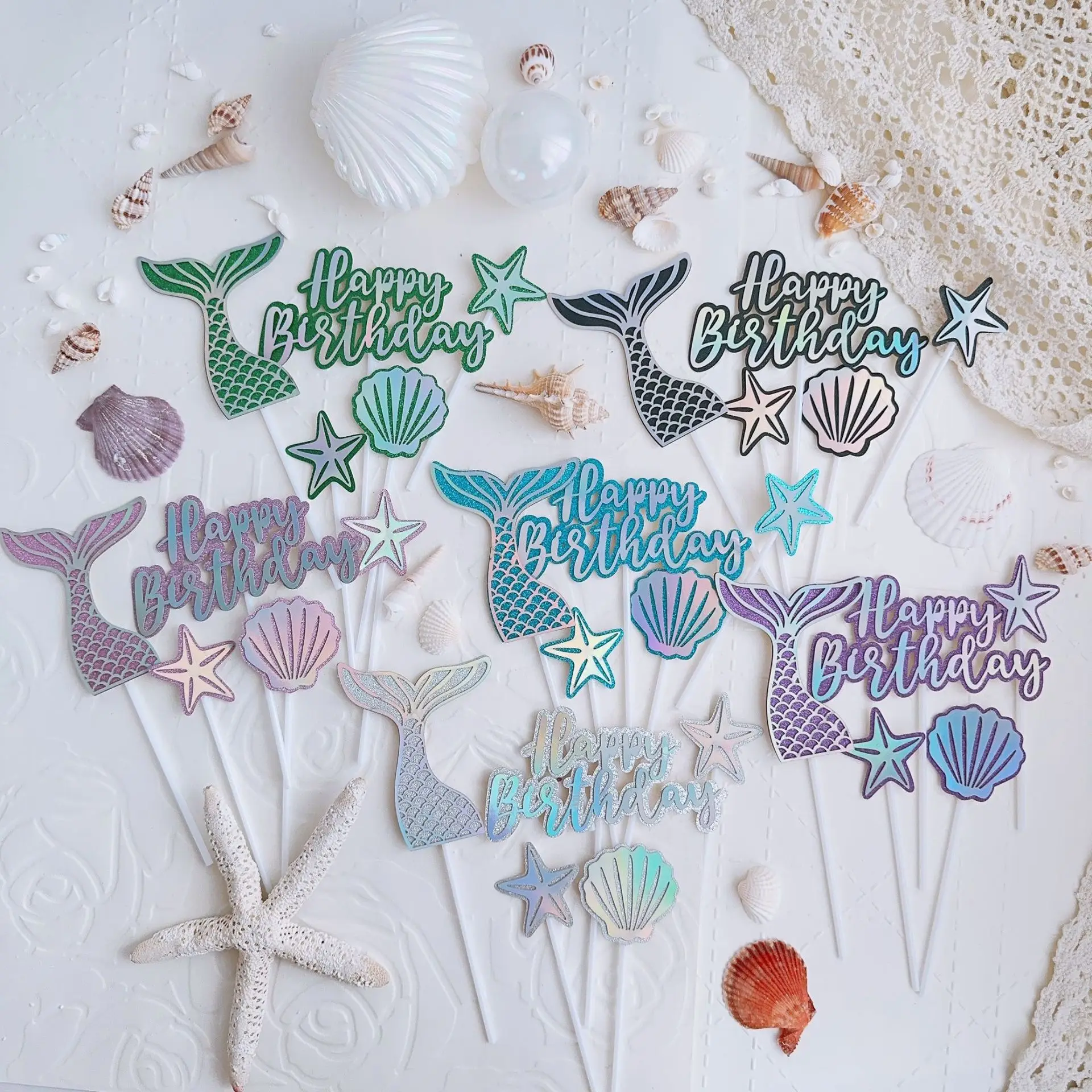 

5pcs Mermaid Themed Birthday Cake Decorations Shell Sea Star Fish Tail Happy Birthday Cake Topper for Birthday Cake Baby Shower