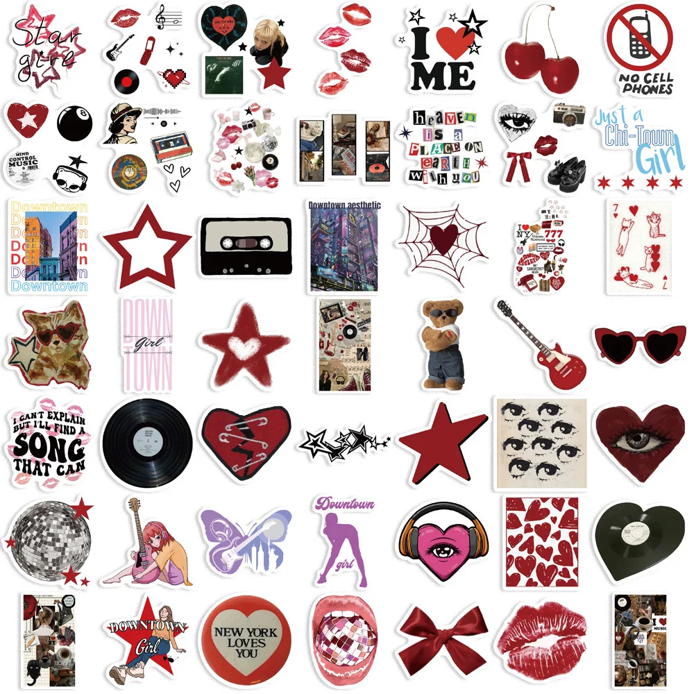 Downtown Y2K adesivos estéticos para meninas, motocicleta, telefone, carro, skate, laptop, adesivo decalque, brinquedo clássico para crianças, 10 pcs, 30 pcs, 50pcs