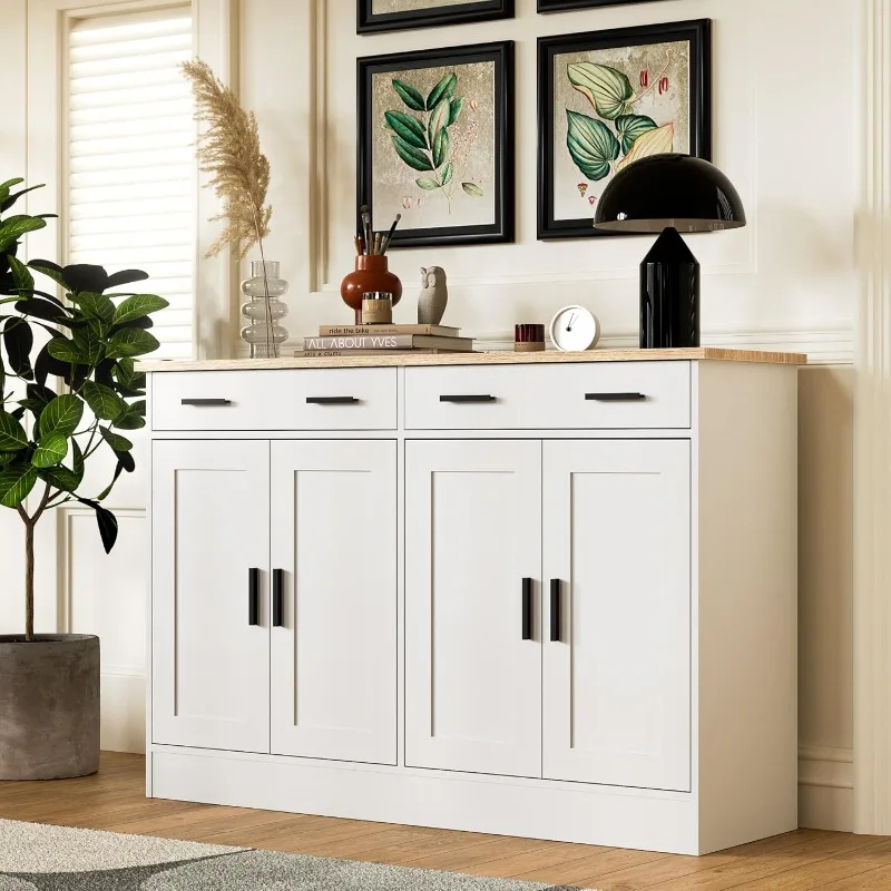 White Buffet Cabinet, Coffee Bar Cabinet with 2 Drawers & 4 Doors, Kitchen Buffet Sideboard for Living Room, home.