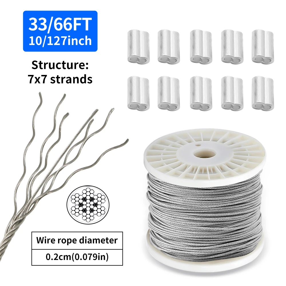 

10/20M 2mm stainless steel cable kit, clothesline kit with 10/20pcs crimping terminals for outdoor DIY/suspension