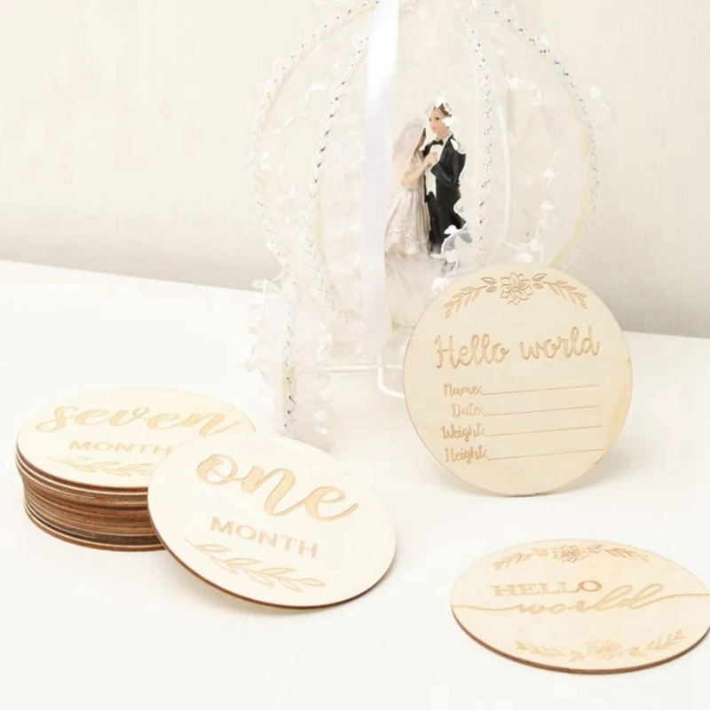 Wooden Milestone Cards And Discs 14Pc Set For Baby Photos And First Year Milestones ,English Durable Easy To Use