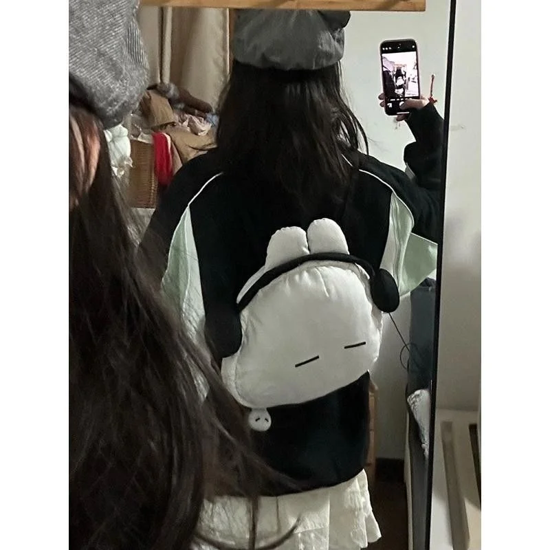 Kawaii Earphone Bunny Backpack For Women White Black Rabbit Head Shape Schoolbag Portable Large Capacity Travel Knapsacks