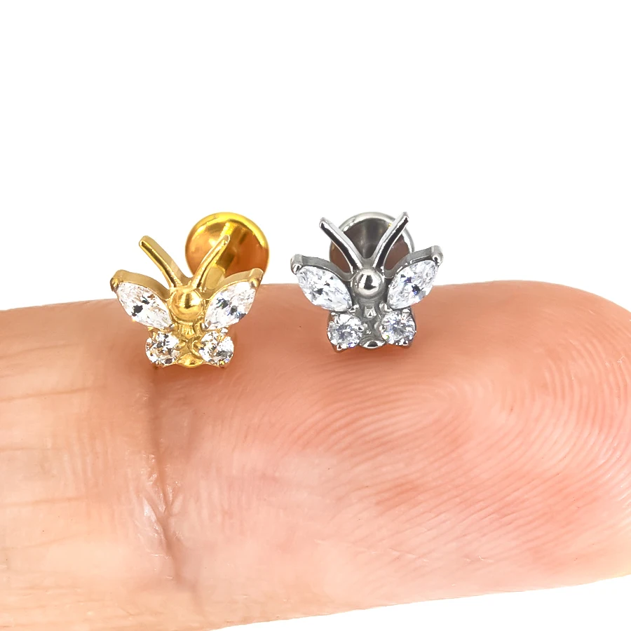 1Pc G23 Titanium Tragus Earring Ear Stud Piercing 16G 5A Zircon Butterfly Cartilage Hel Conch Tragus Flat Back Ear Piercing Stud image 4