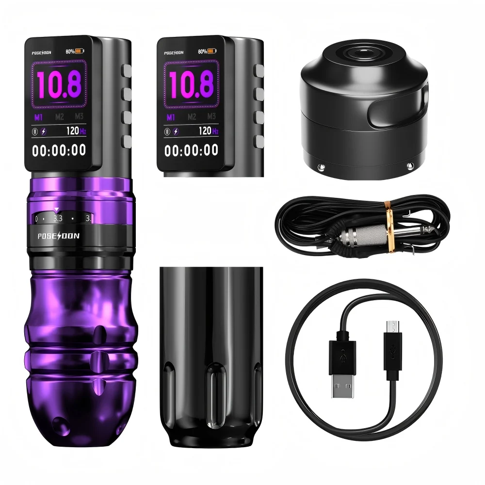 POSEIDON Wireless Tattoo Machine Pen Adjustable Stroke Custom Motor Dual power supply 2300Mah Battery For Tattoo Kit Gun Kit
