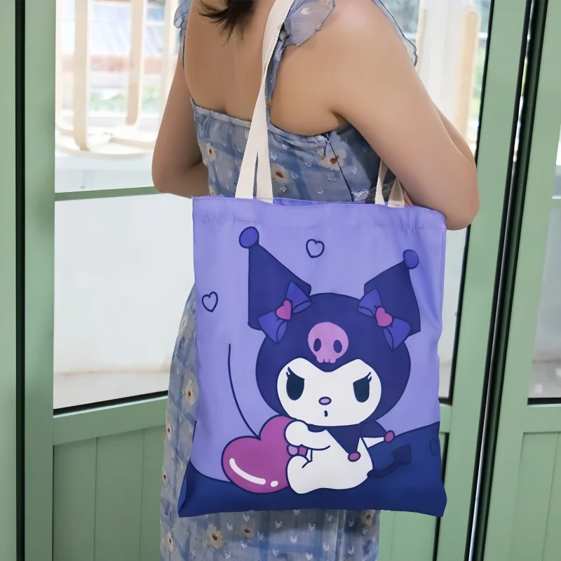 

Холщовая сумка на плечо в стиле аниме Sanrio Kuromi с мультяшным узором, портативная сумка для покупок, многоразовая повседневная сумка большой вместительности
