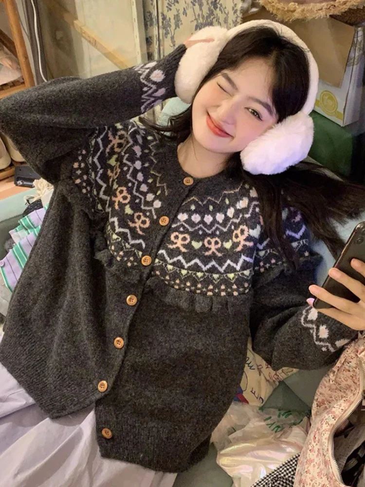 

2024 Autumn New Women's Youthful Sweet Style Elegant Knitted Printed Cardigan Single Breasted Warm Splicing Casual Sweater Coat