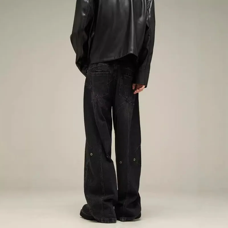 Vintage Black Washed Baggy Jeans Geometric Stitched Seam Wide Leg Denim Pants Y2K High Waist Loose Streetwear Trousers Men Women