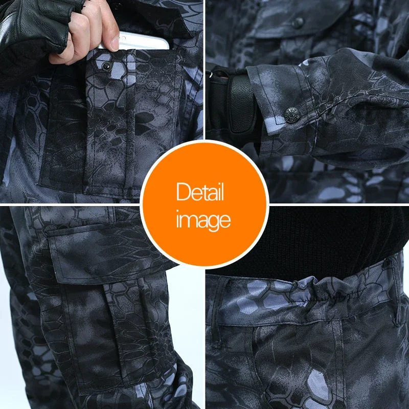 Heren Lente Zomer Uniform Outdoor Camouflage Pak Zwart Python Patroon Slijtvaste Overalls Arbeidsverzekering Doek