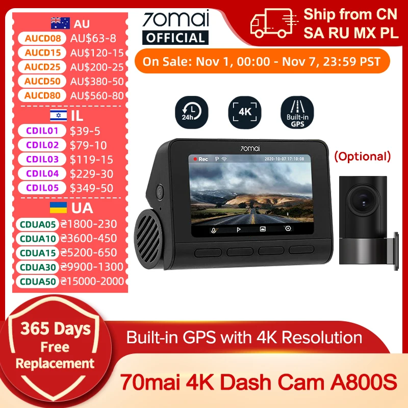 70mai 4K Dash Cam A800S Built-in GPS ADAS 140°FOV 70mai Camera Car DVR 24H Parking Monitor Front Cam Only, Support Rear Cam